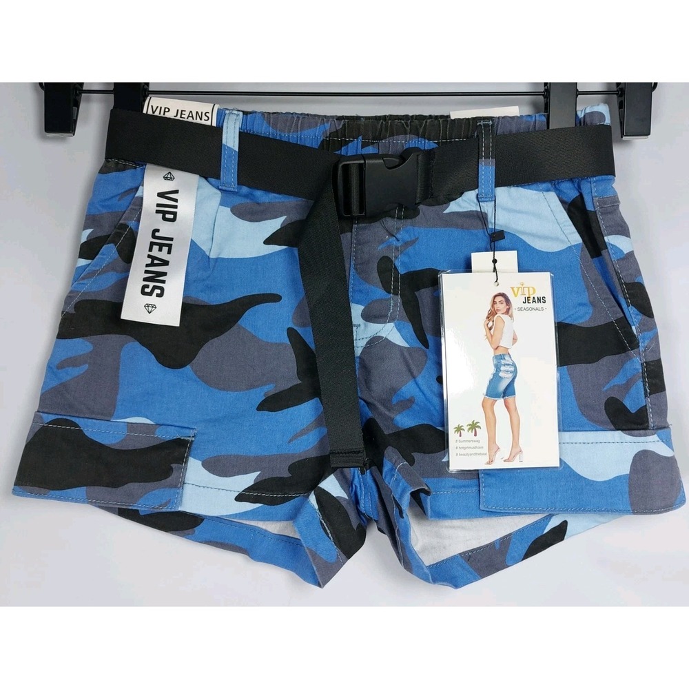 NWT V.I.P. Jeans Blue Camo Shorts Womens 9/10 Pull Up Belt Stretch Pockets